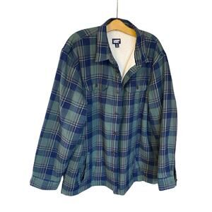 Lands’ End XL Sherpa Lined Flannel Shirt Jacket Green Navy Plaid Shacket